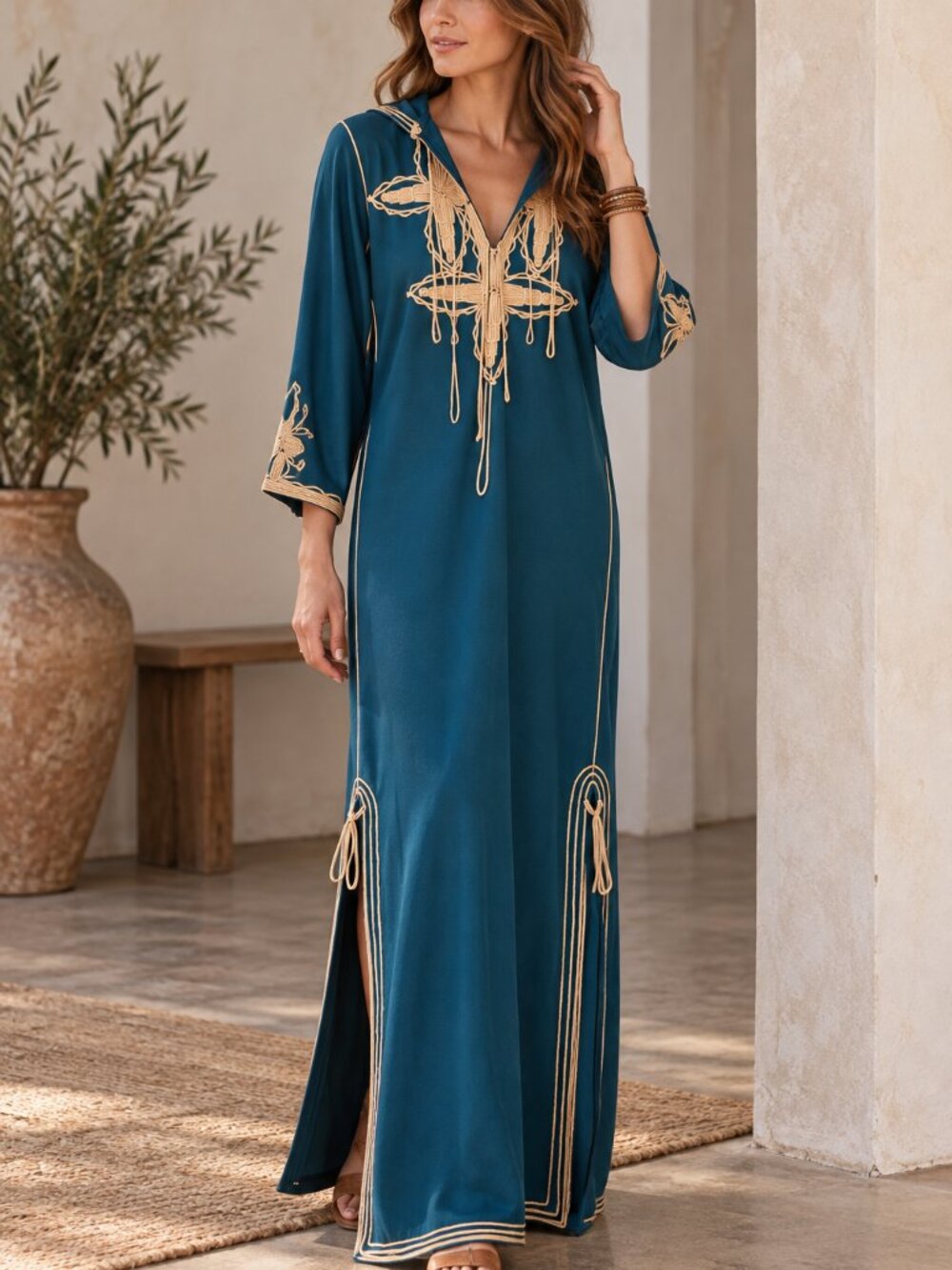 Vintage 70s Hooded Caftan Maxi Dress MEDIUM